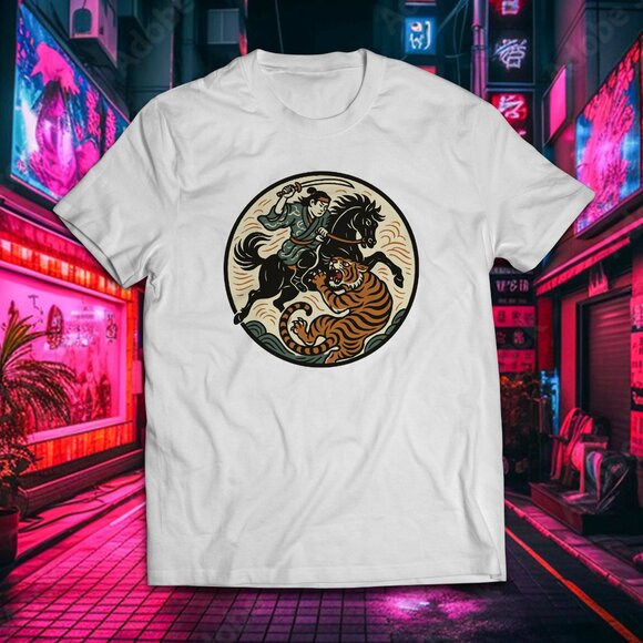 Vintage Japanese Style Block Print Tiger Fight Tee - Picture 1 of 2